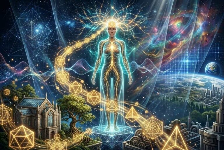 Visualization of the mental plane showing thoughts crystallizing into physical reality through quantum mechanics