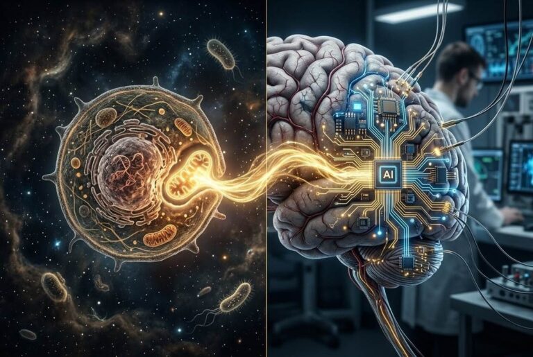 Ancient bacterial merger alongside modern human-AI neural integration