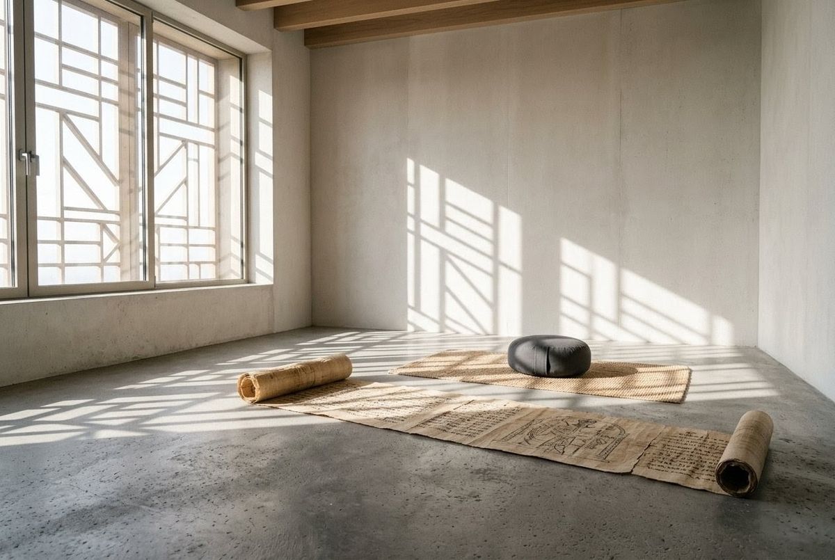 Minimalist meditation space with ancient papyrus scroll
