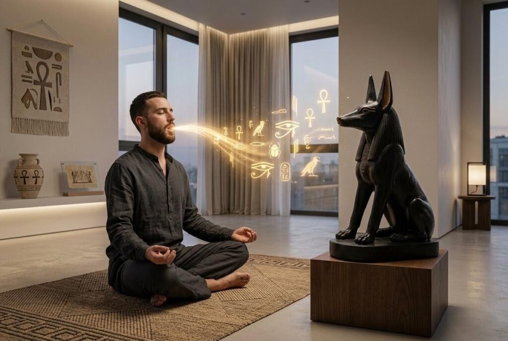 Contemporary practitioner chanting in front of Egyptian Anubis statue, golden light emanating from mouth, hieroglyphs floating in air