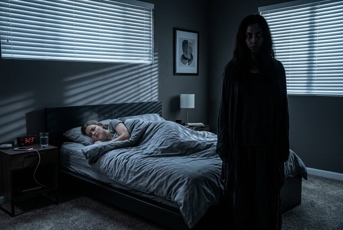 Modern bedroom with shadow entity at foot of bed
