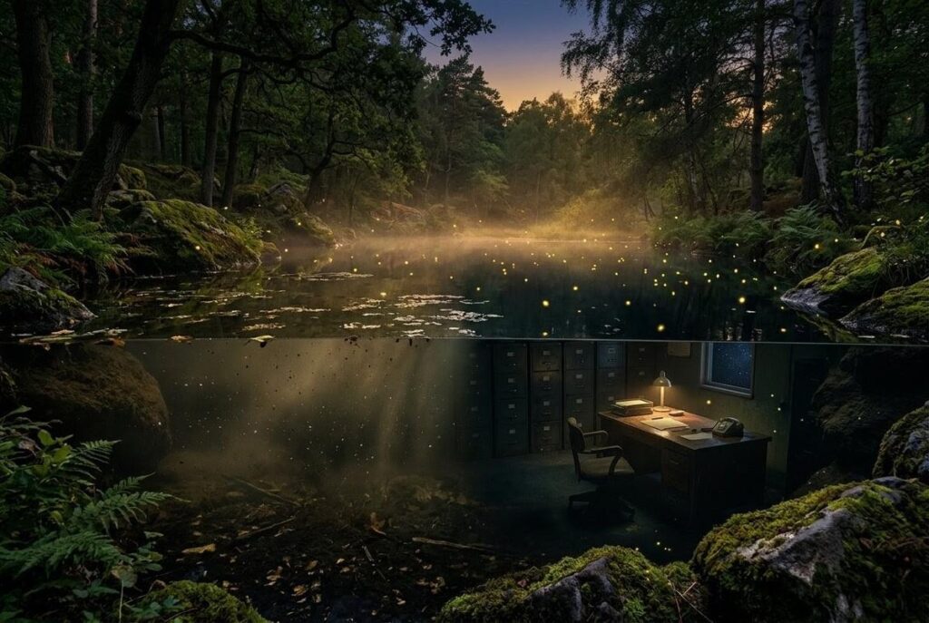 Muddy pond with settling sediment reflecting cosmic office