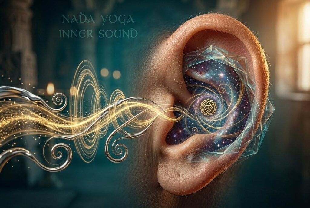 Abstract visualization of inner sound waves and ear with cosmic background representing nada yoga and anahata nada