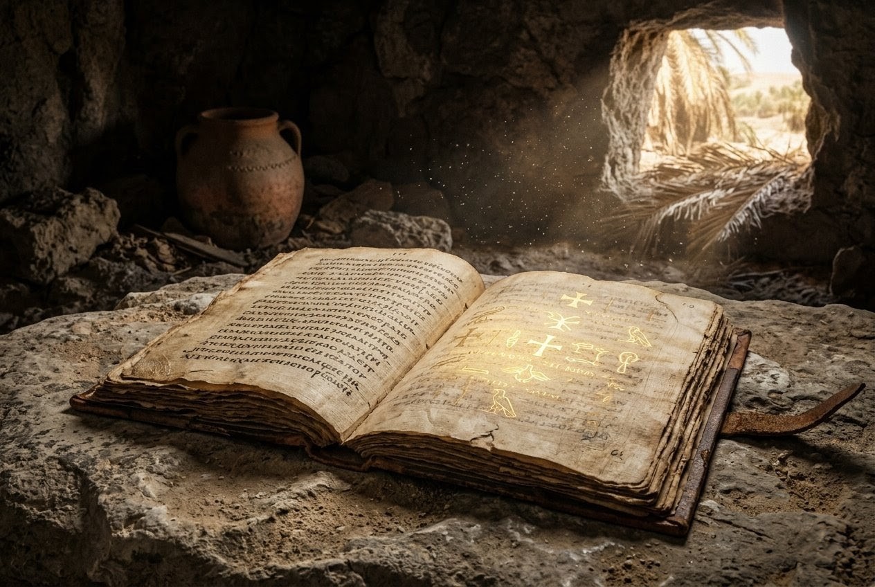Ancient Coptic codex with hidden symbols visible only to initiated reader