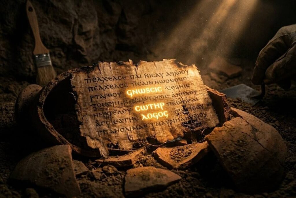Ancient Coptic papyrus fragment from Nag Hammadi with golden illuminated text