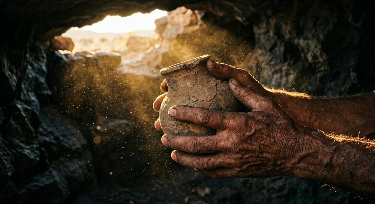 Weathered hands holding clay jar in desert cave