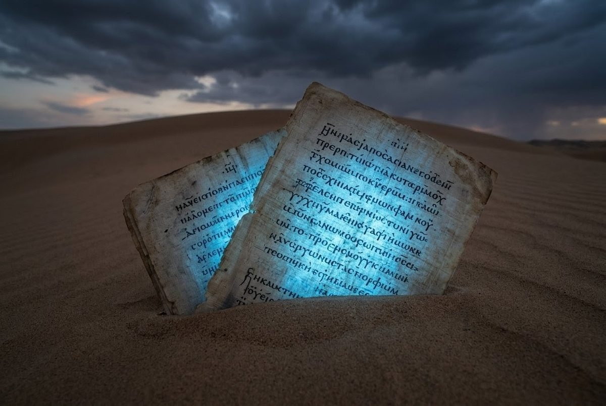 Ancient Coptic codex pages emerging from desert sand dunes with bioluminescent blue light emanating from the text