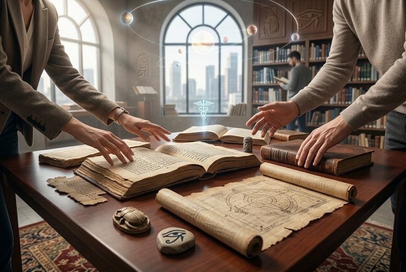 Ancient Coptic manuscripts and Hermetic texts spread on a wooden table with modern hands reaching toward them