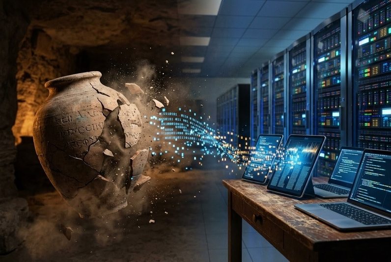 Ancient clay burial jar from Nag Hammadi dissolving into digital particles that reform into glowing server racks and tablet screens