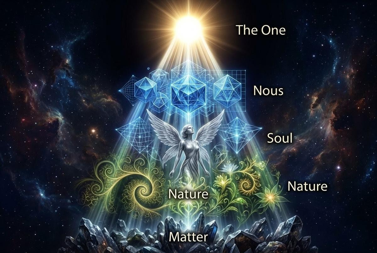 Vertical cascade of light flowing from The One through Nous, Soul, Nature to Matter without diminishing the source