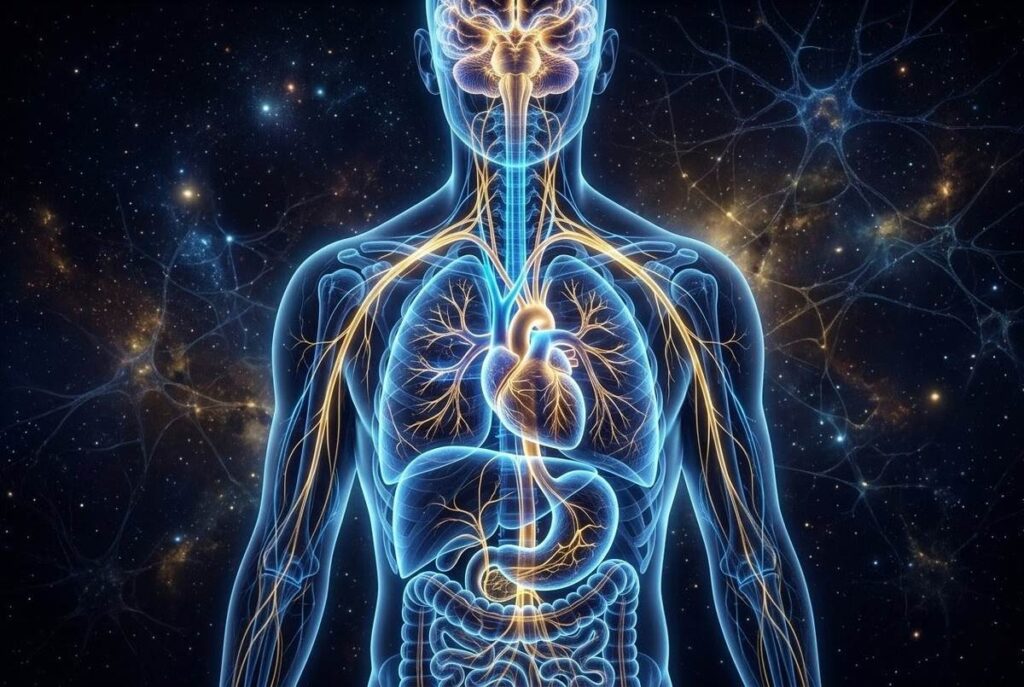 Abstract visualization of the vagus nerve as luminous circuitry