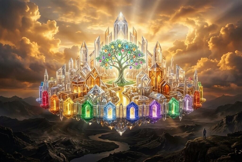 Crystalline city descending from clouds with twelve gates and tree of life