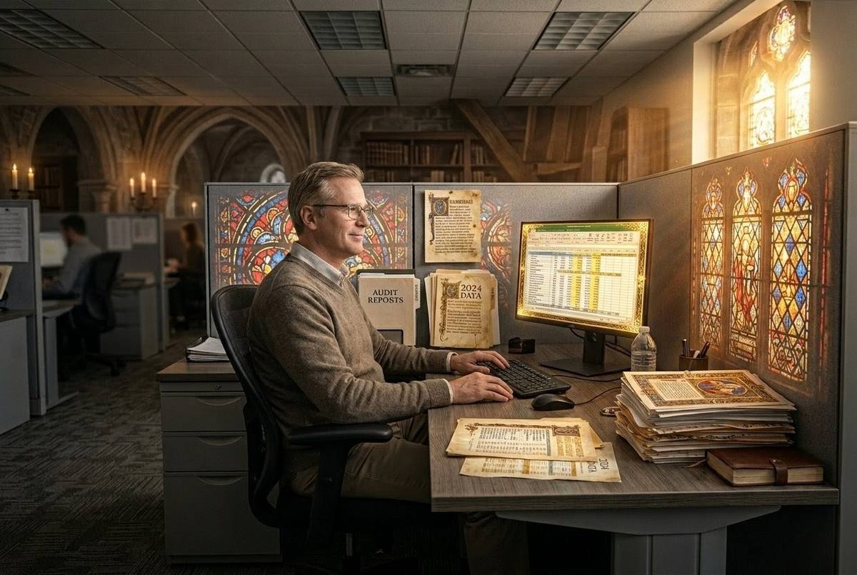 Office worker at desk with monastery architecture overlaid