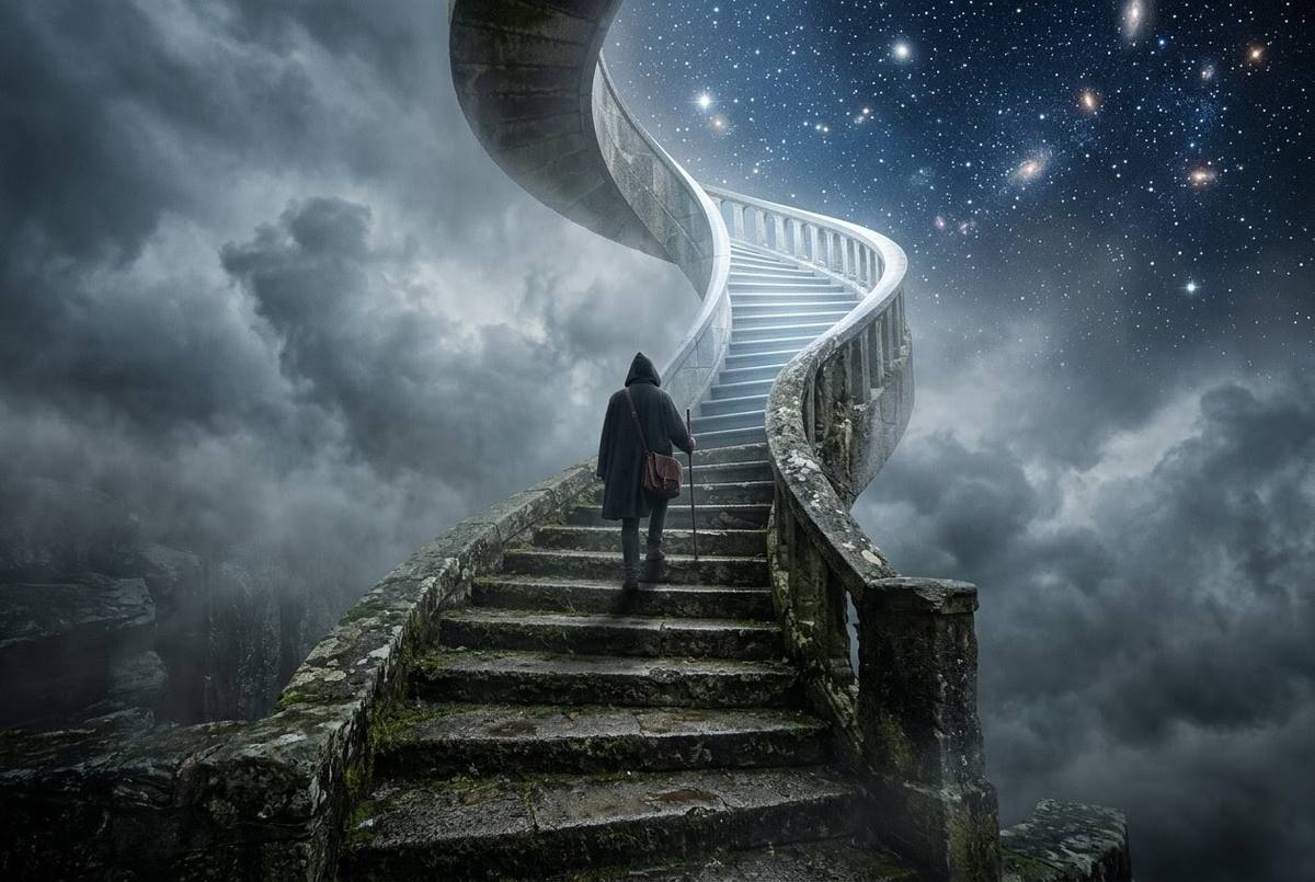 Spiral staircase ascending through clouds with figure walking upward