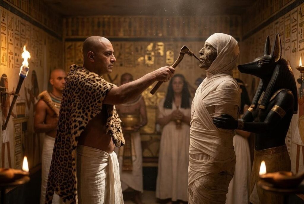 Sem priest in leopard skin performing Opening of the Mouth ceremony with adze tool over mummy, Egyptian tomb interior