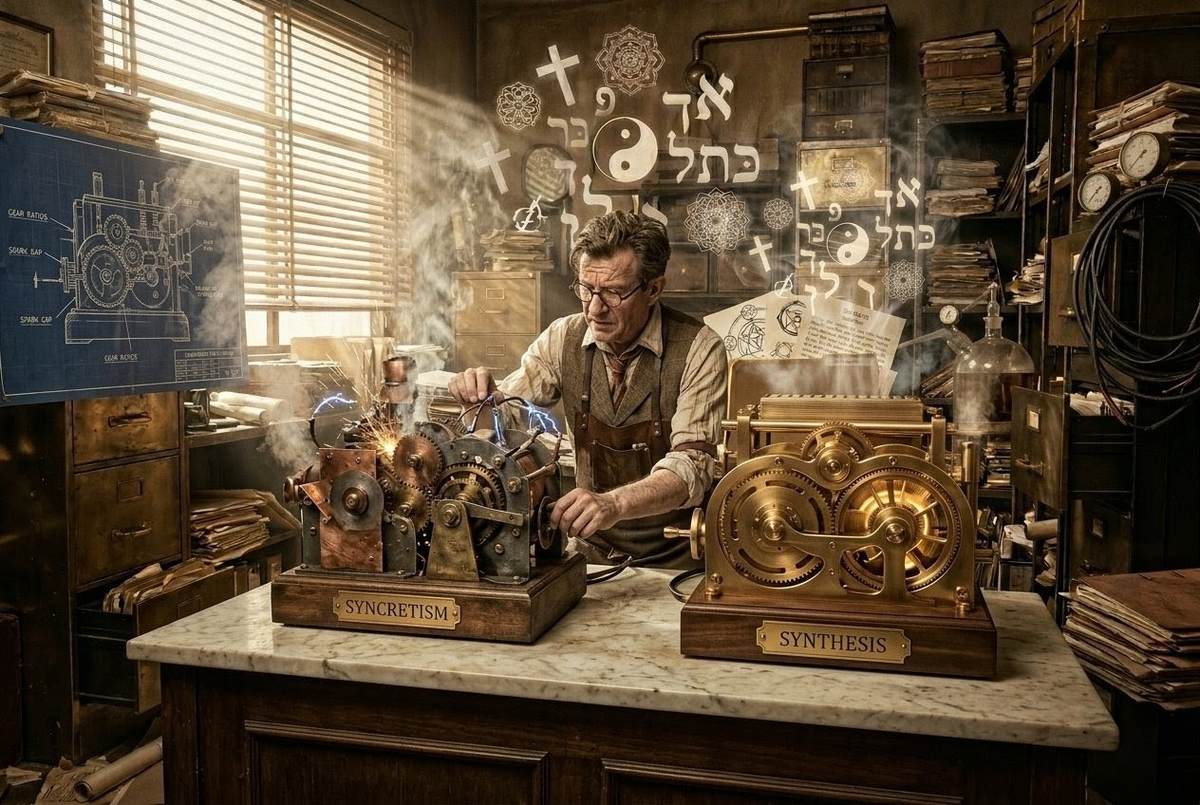 Alchemical laboratory testing two mechanical devices: malfunctioning syncretism versus smooth synthesis