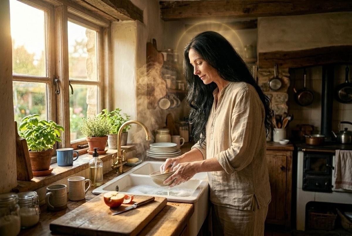 Enlightened figure washing dishes in golden hour light