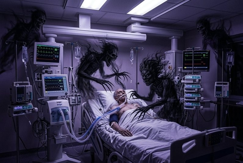 Shadow entities clustering in the corners of a hospital ICU room around a dying patient on life support machinery