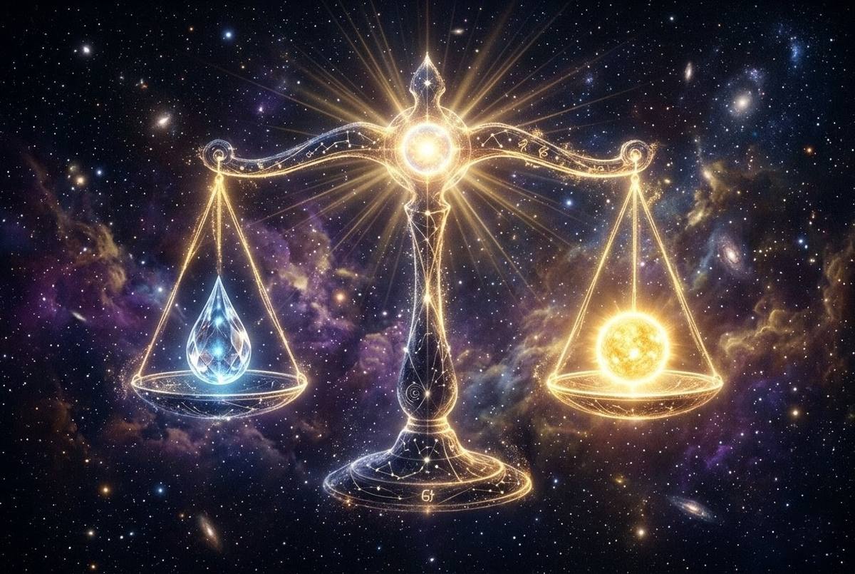Cosmic scales made of light and shadow balancing sorrow and joy symbols in a starfield