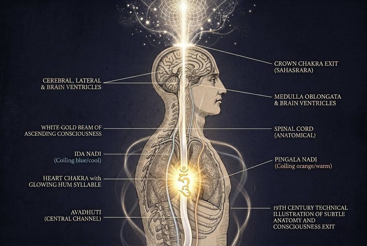 Technical illustration showing consciousness as golden sphere rising through central channel and exiting crown of head