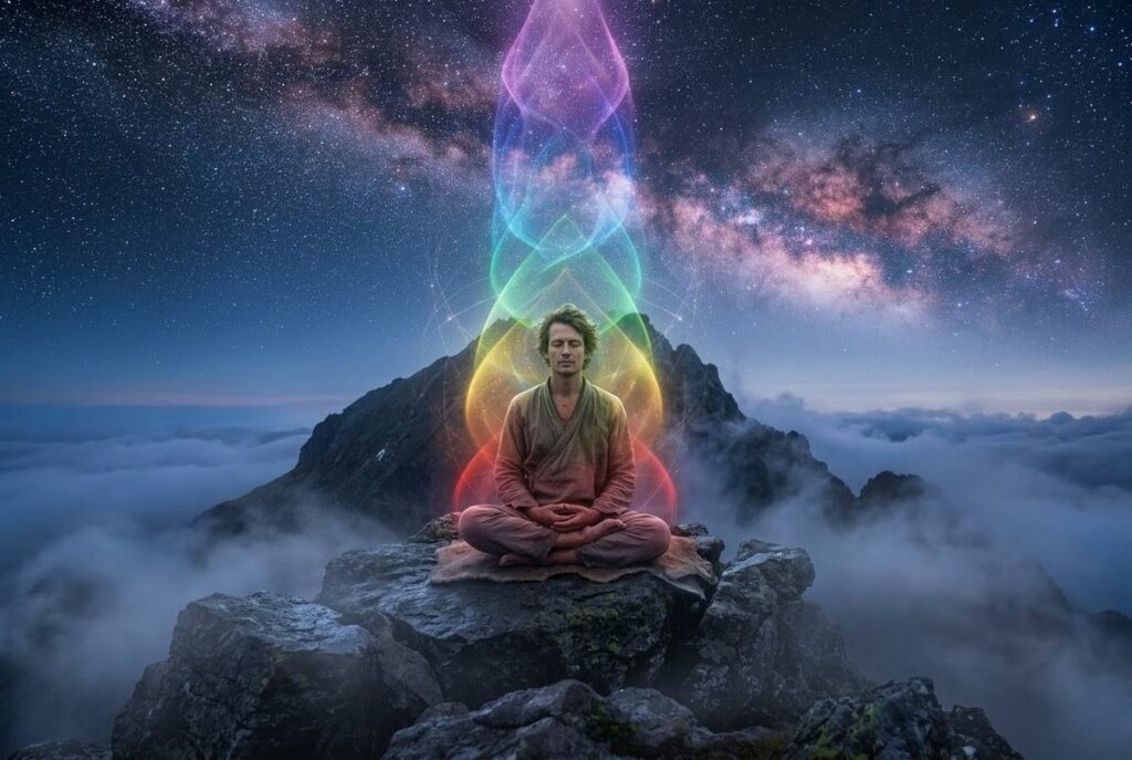 A meditator with seven layers of subtle bodies ascending from physical form into cosmic consciousness