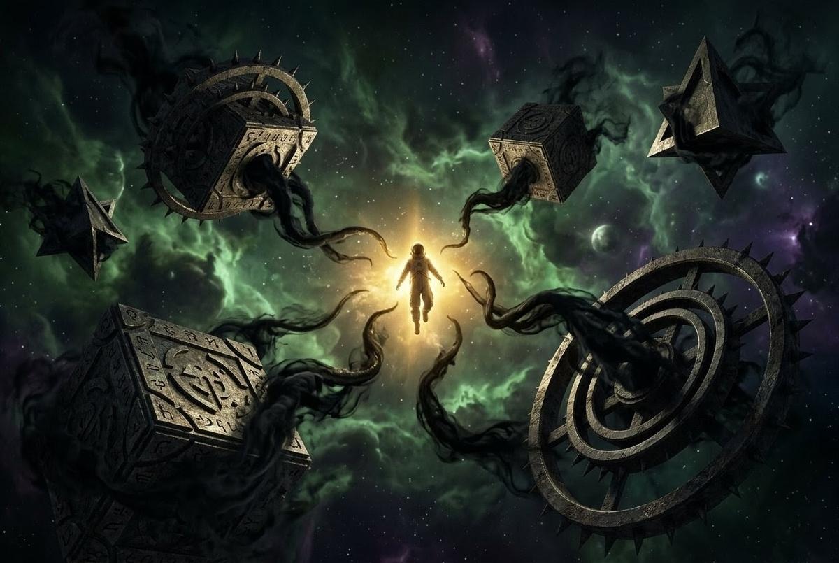 Cosmic landscape with geometric archonic entities awakening around glowing human figure