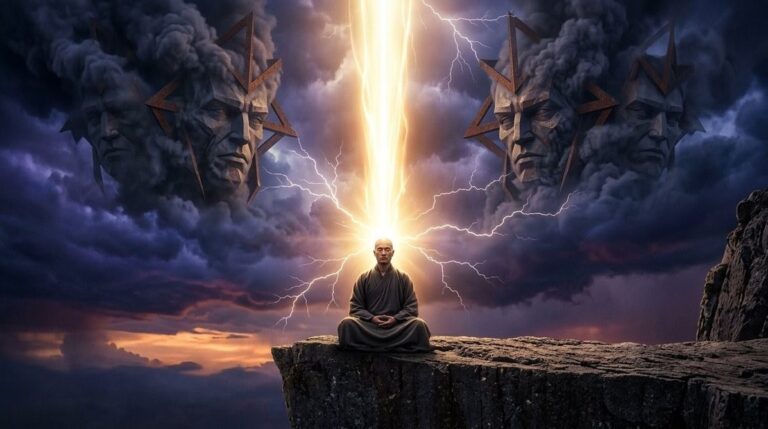 Cinematic wide shot of meditating figure on cliff edge with auric light being observed by shadowy archonic entities in storm clouds