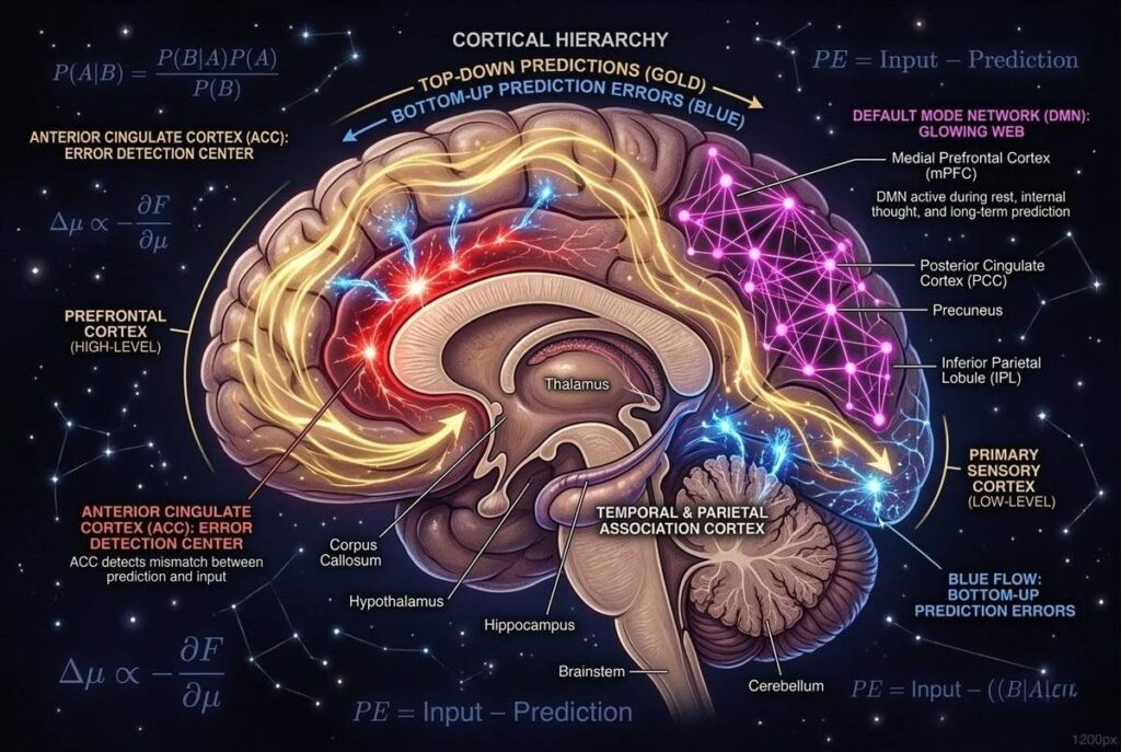 Neuroscience diagram showing predictive processing in the brain with hierarchical layers and error detection