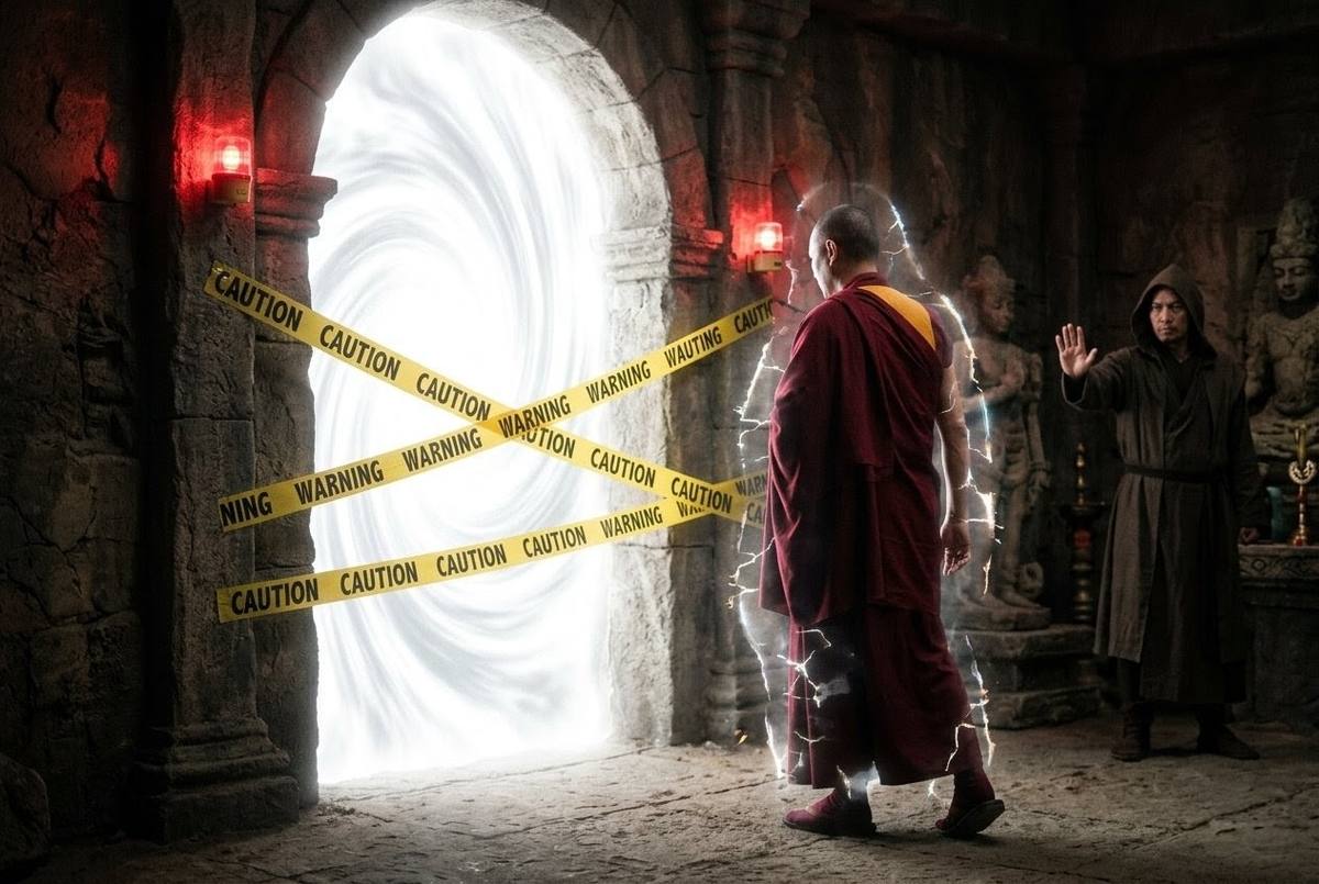 Figure approaching glowing portal before ready with warning barriers