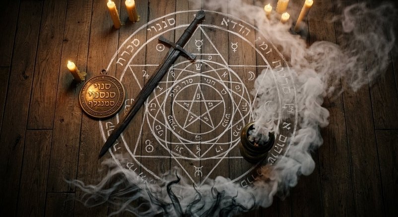 Kabbalistic protective ritual with iron sword, angelic names, and burning incense creating barrier against dark entities