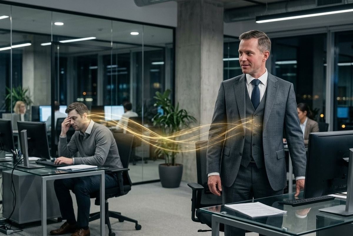 Corporate figure with invisible etheric tendrils draining light from colleague