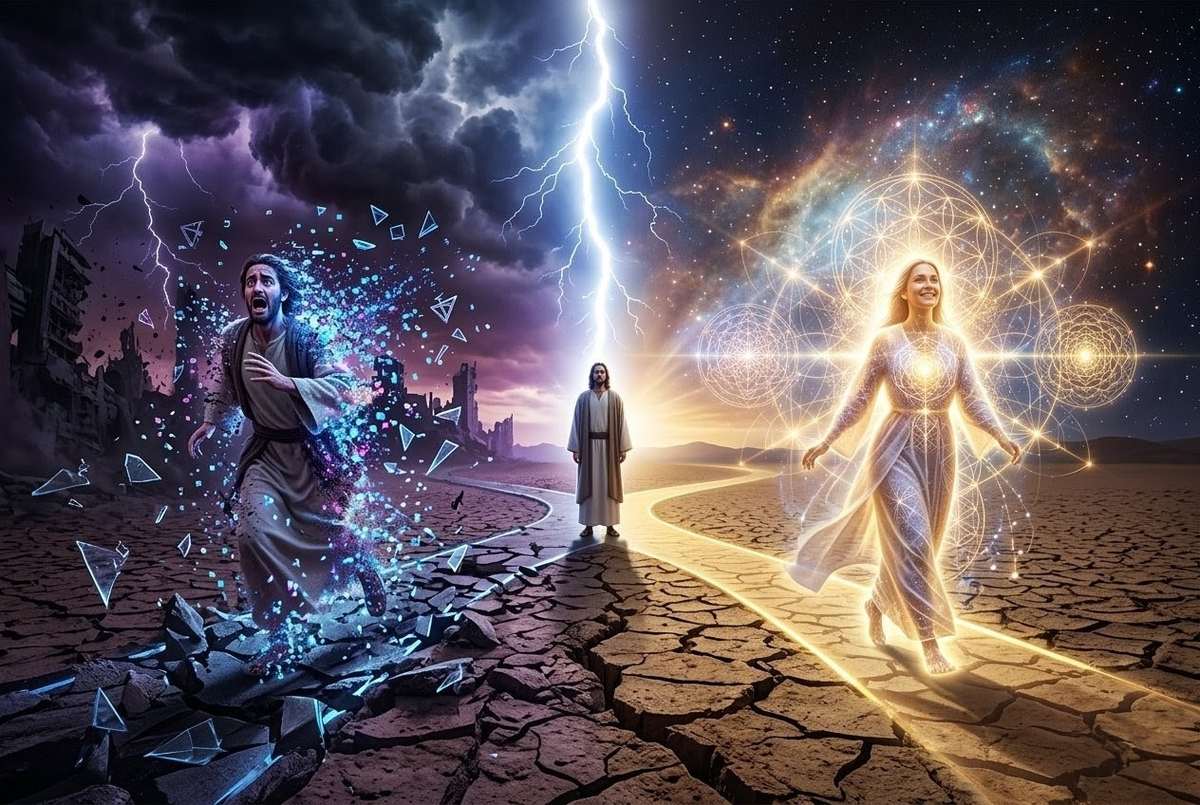 Split composition showing fragmentation versus integration paths from shared mystical experience
