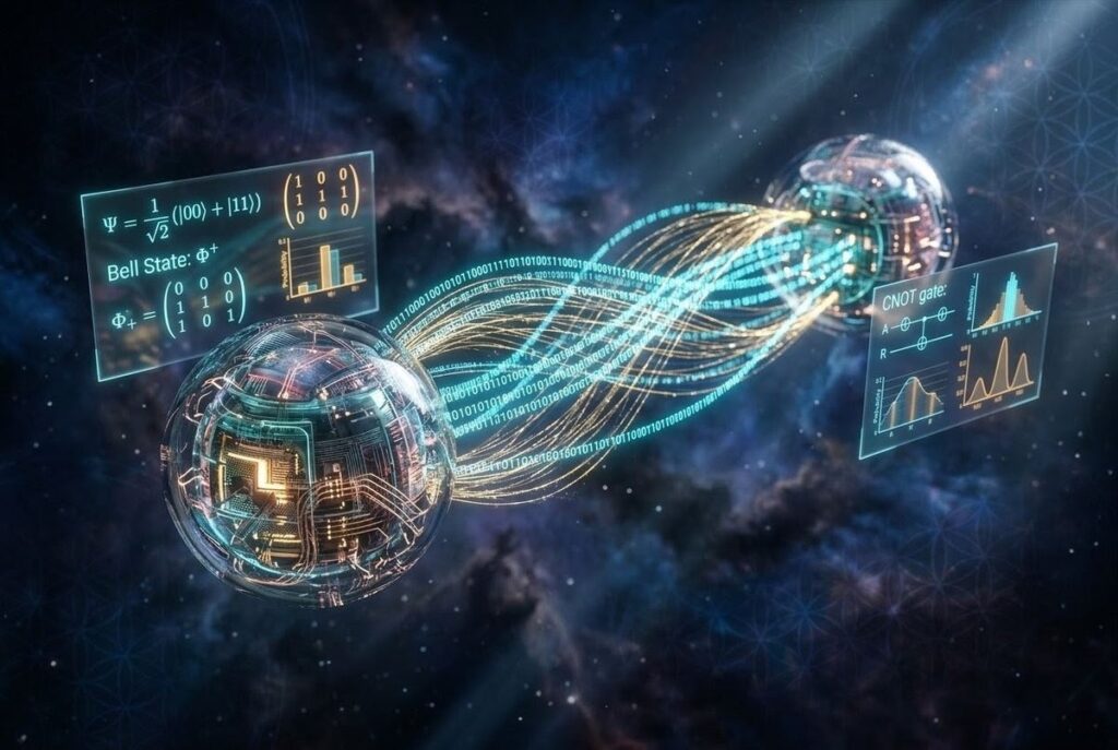 Visualization of entangled quantum particles connected by luminous information streams and binary code in cosmic space
