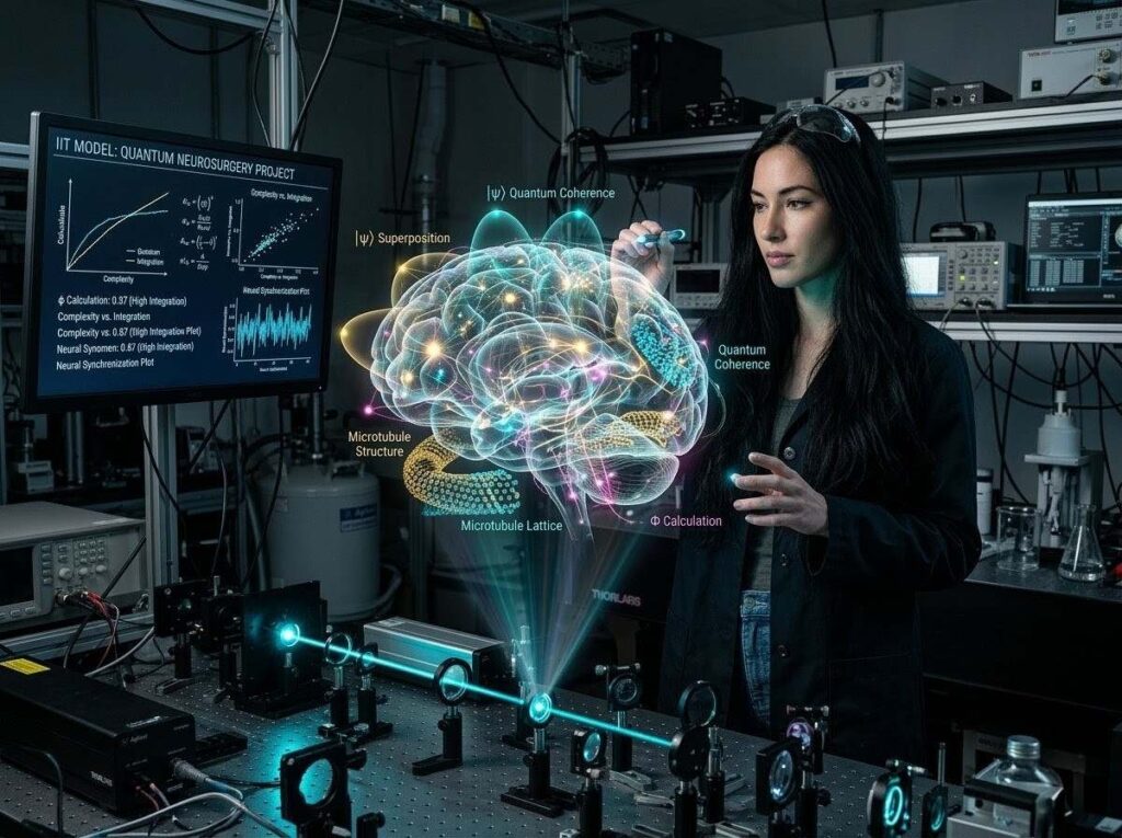 Scientist analyzing quantum coherence in neural microtubules using advanced holographic imaging