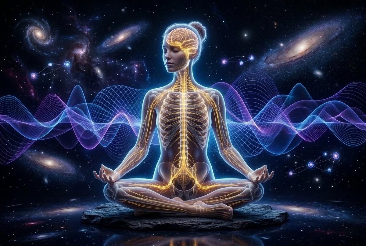 Golden neural network overlaying cosmic background representing quantum consciousness field