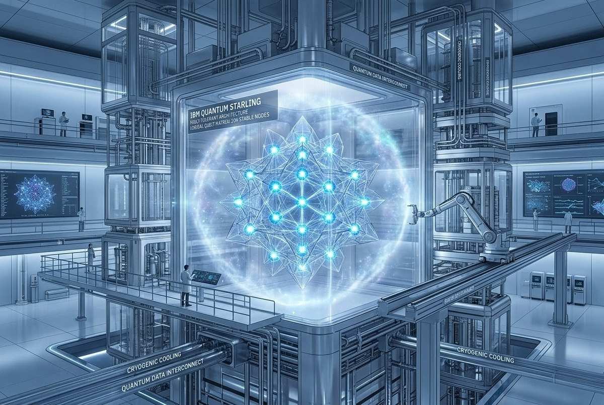 Futuristic quantum computer core with glowing logical qubits in stable configuration