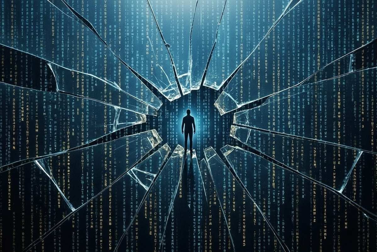 Abstract visualization of reality breaking apart like glass revealing cosmic code underneath with human silhouette