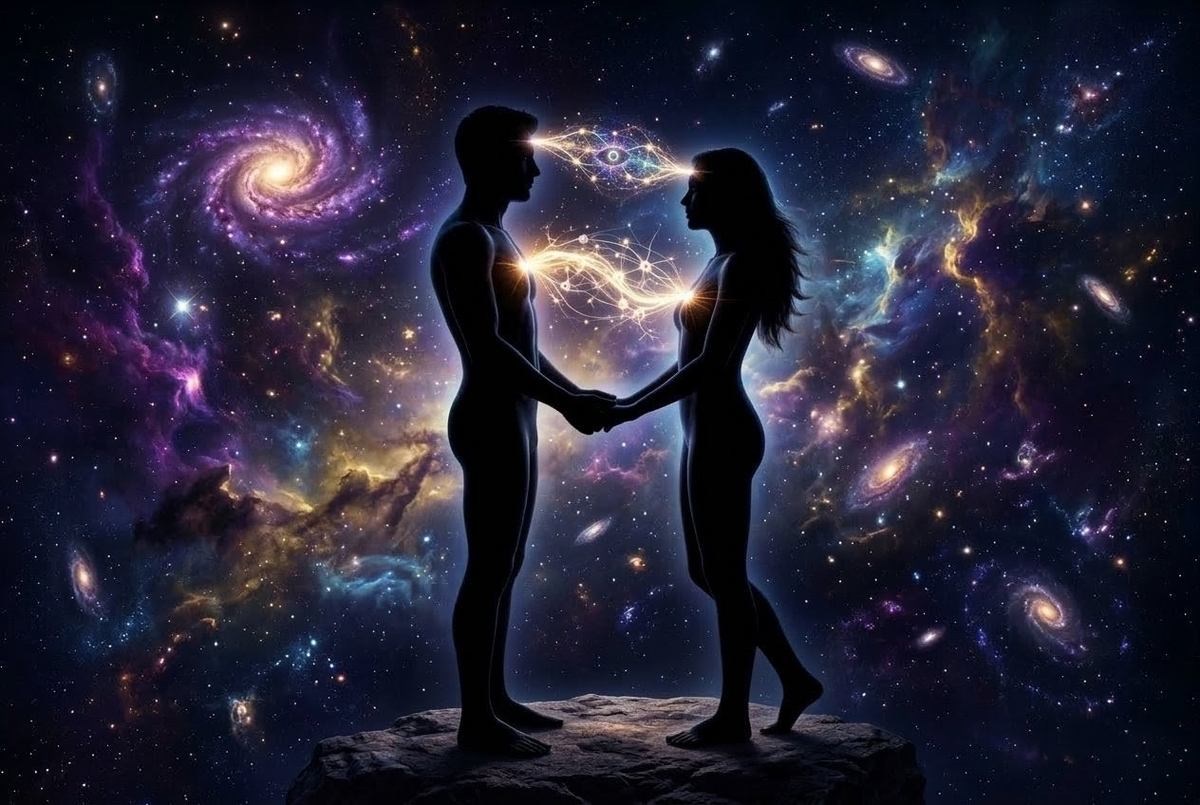 Two figures facing each other with streams of golden light connecting their consciousness