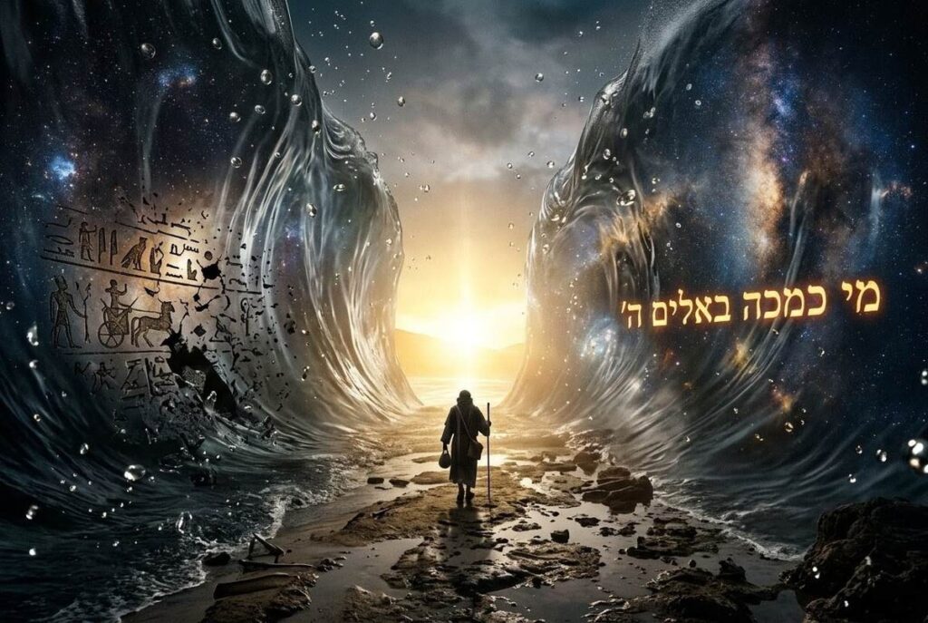 Figure walking through parted waters with cosmic reflections and Egyptian hieroglyphs dissolving