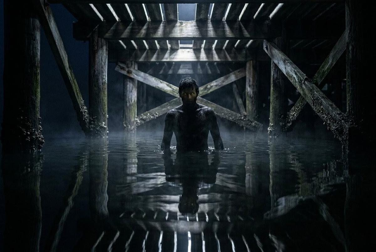 Shadowy figure rising from dark water beneath a pier, reflected in rippling surface