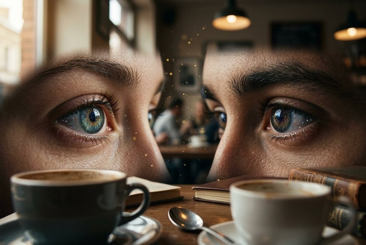 Close-up of two people's eyes meeting with identical starfield reflections