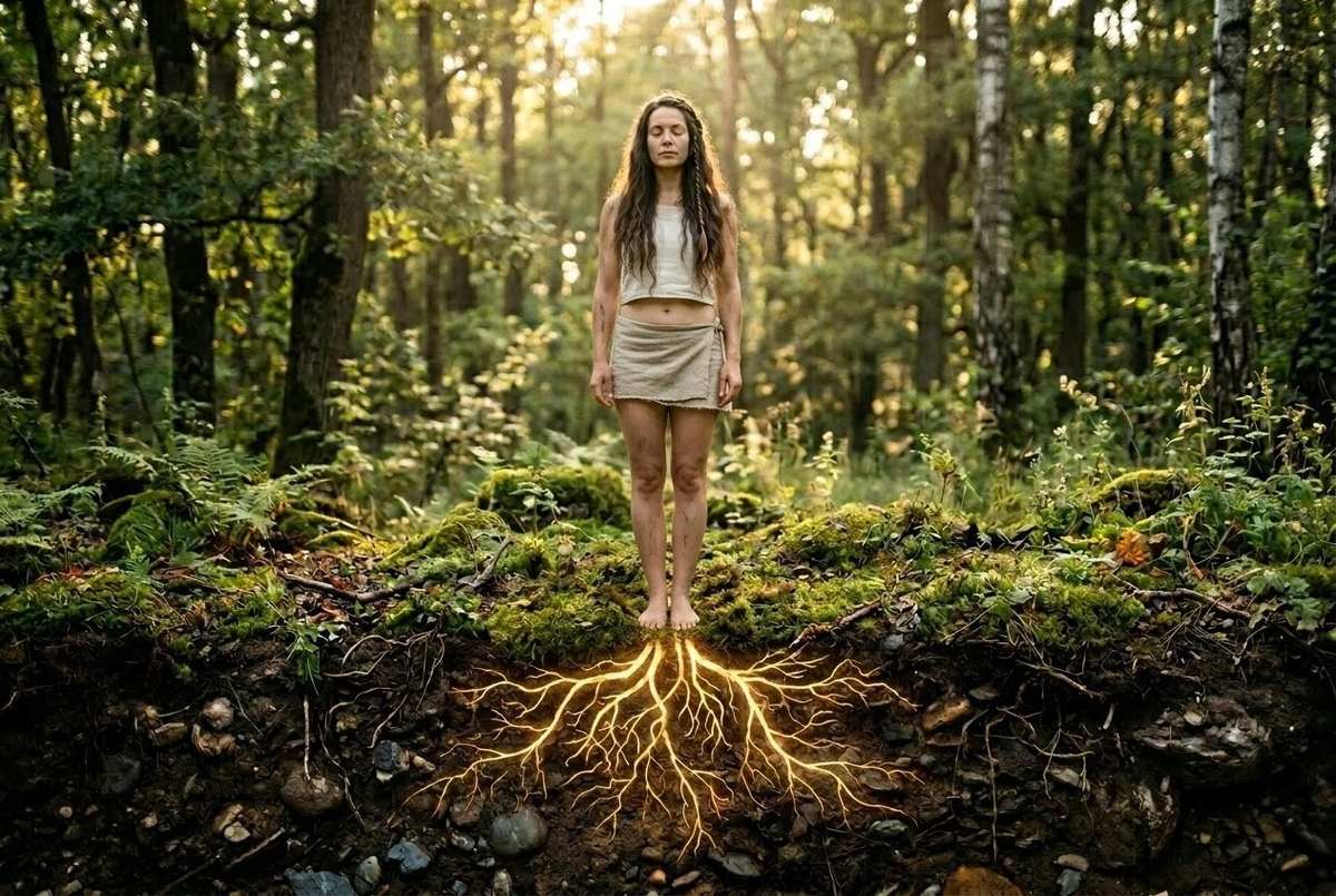 Human figure with luminous root systems extending deep into dark soil