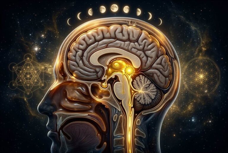 Photorealistic anatomical cross-section showing pineal gland releasing golden chrism oil into brain ventricles