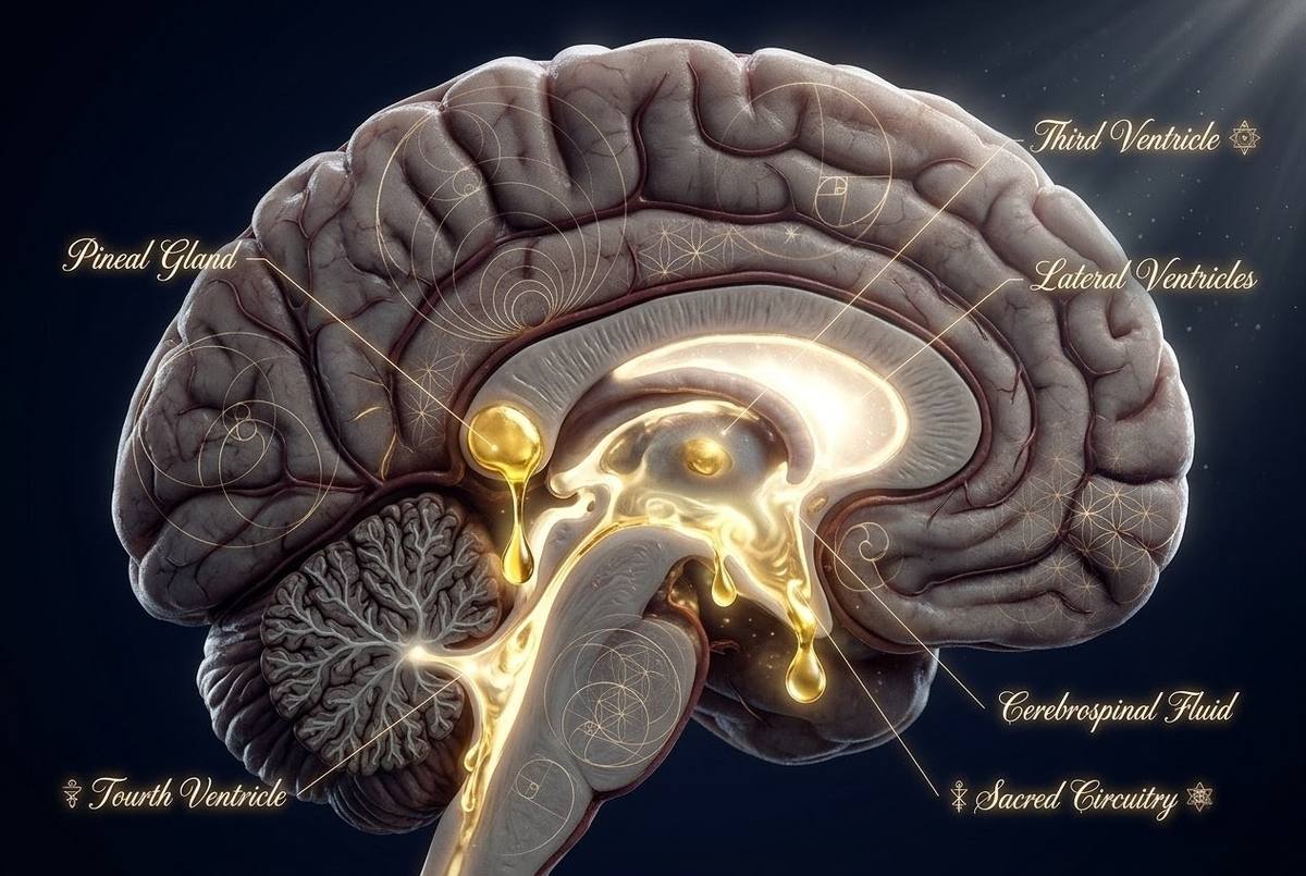 Photorealistic cross-section of human brain showing pineal gland releasing golden oil into ventricles