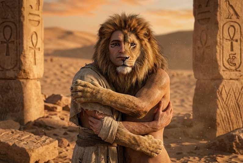 Surreal transformation scene showing lion and human figures merging and consuming each other in eternal recursive loop