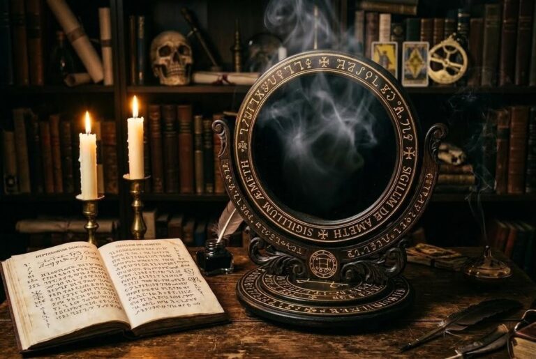Antique Enochian scrying arrangement featuring black obsidian mirror, golden angelic seals, and candles for navigating the 30 Aethyrs