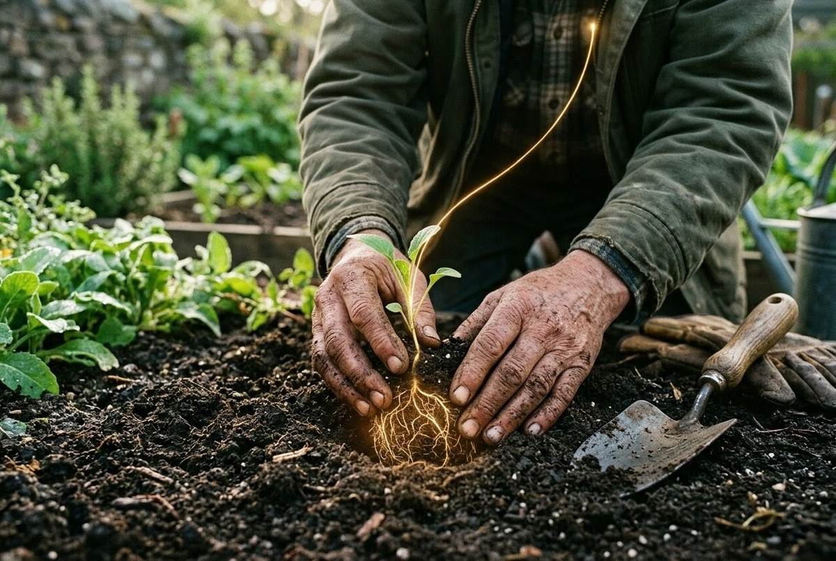 Hands planting a glowing green seedling in rich dark soil with golden light emanating from the roots