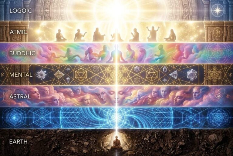 Seven layers of existence from physical to divine with meditating figure at centre