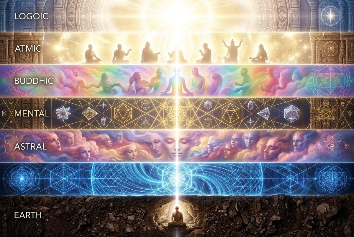 Seven layers of existence from physical to divine with meditating figure at centre