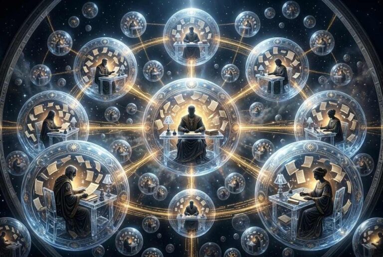 Seven concentric crystalline spheres floating in cosmic void, each containing shadowy bureaucratic figures processing souls through celestial checkpoints